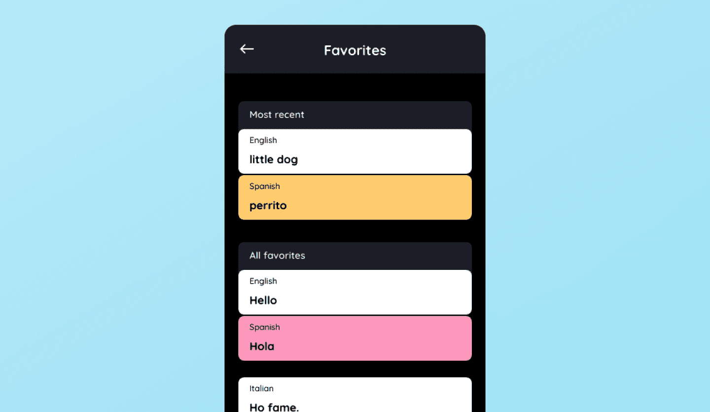 Dictionary dark mode app UI design template favorites screen