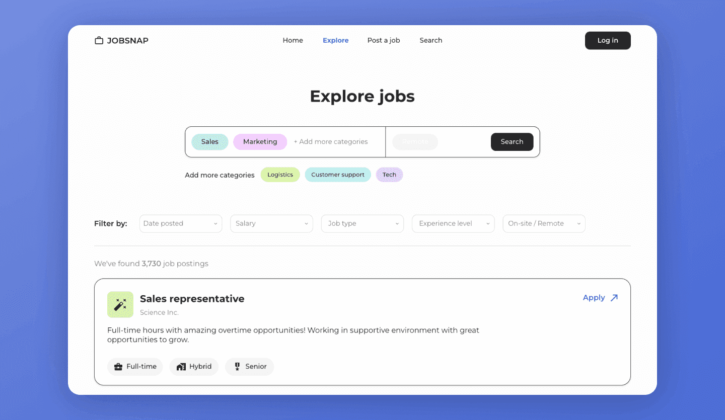 Job finder website design explore page