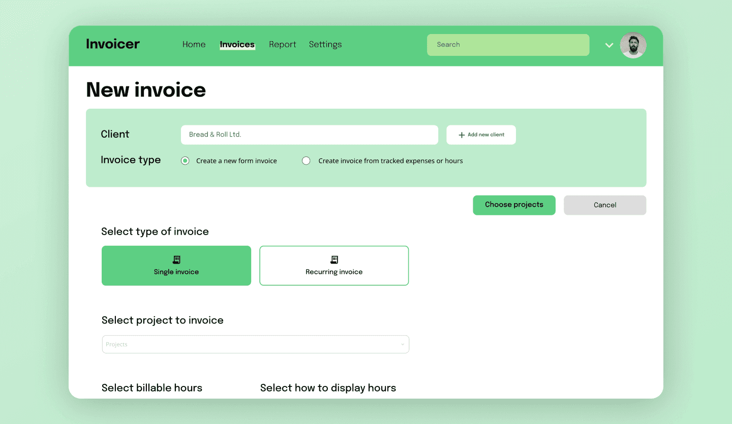 Invoicing web app template invoice screen