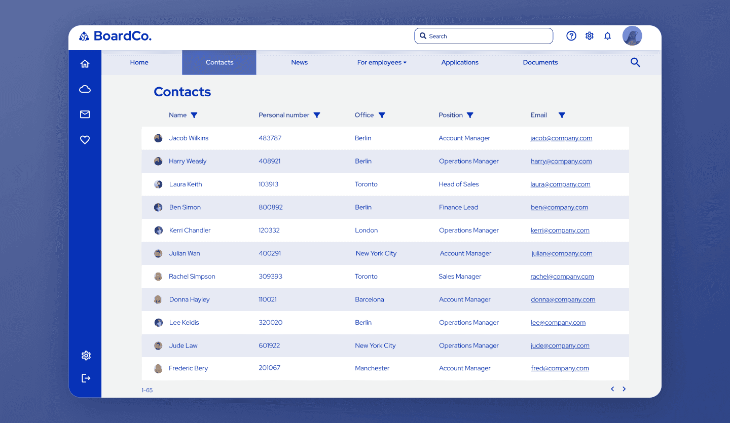 Company intranet web app contacts design