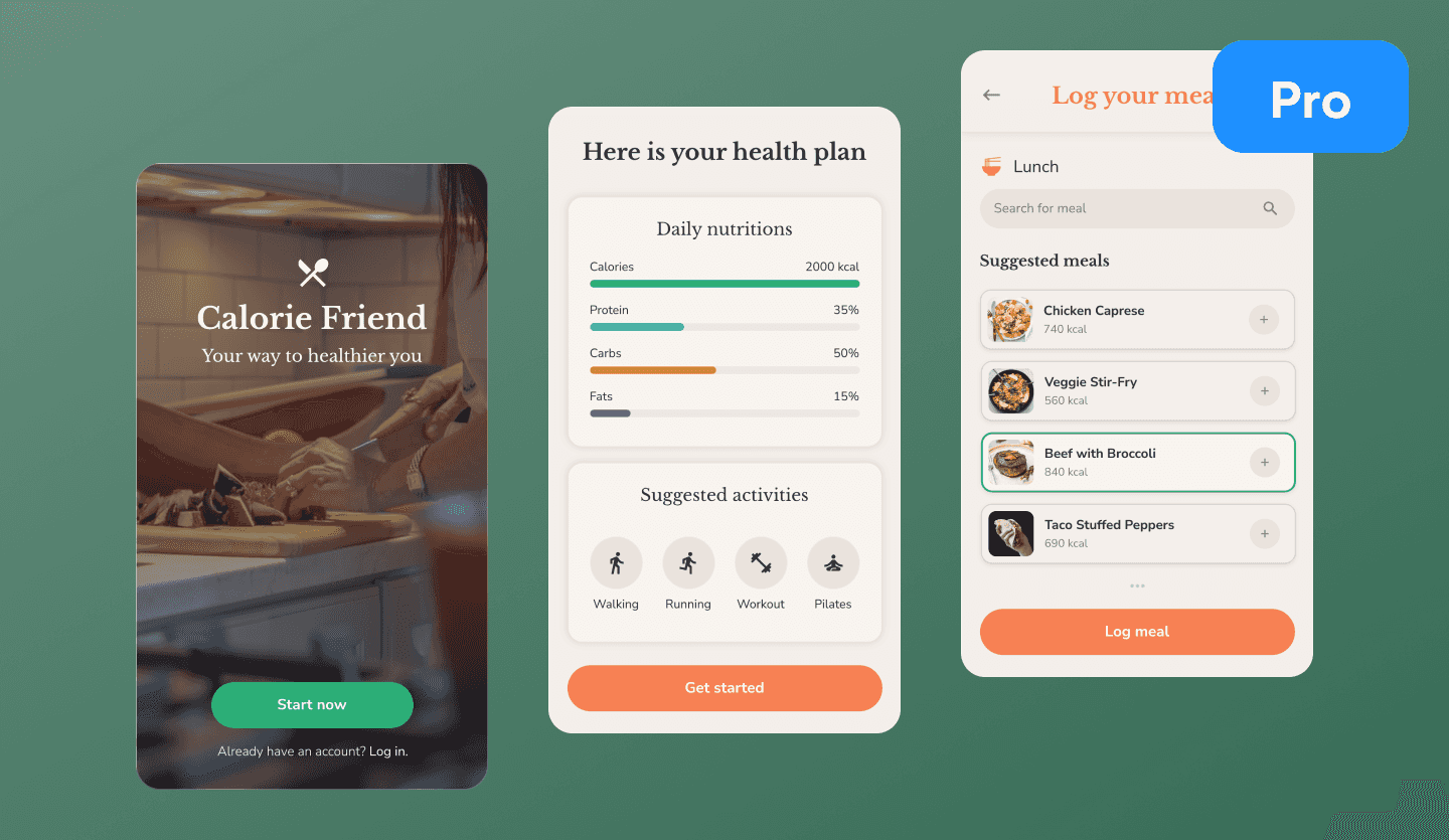 Calorie tracking app UI design template