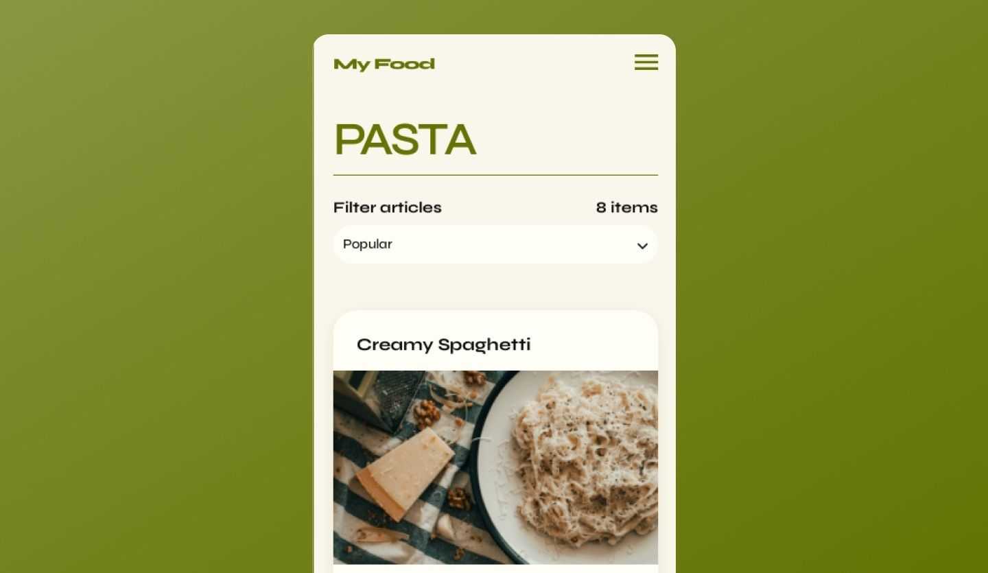 Food blog mobile app category landing page