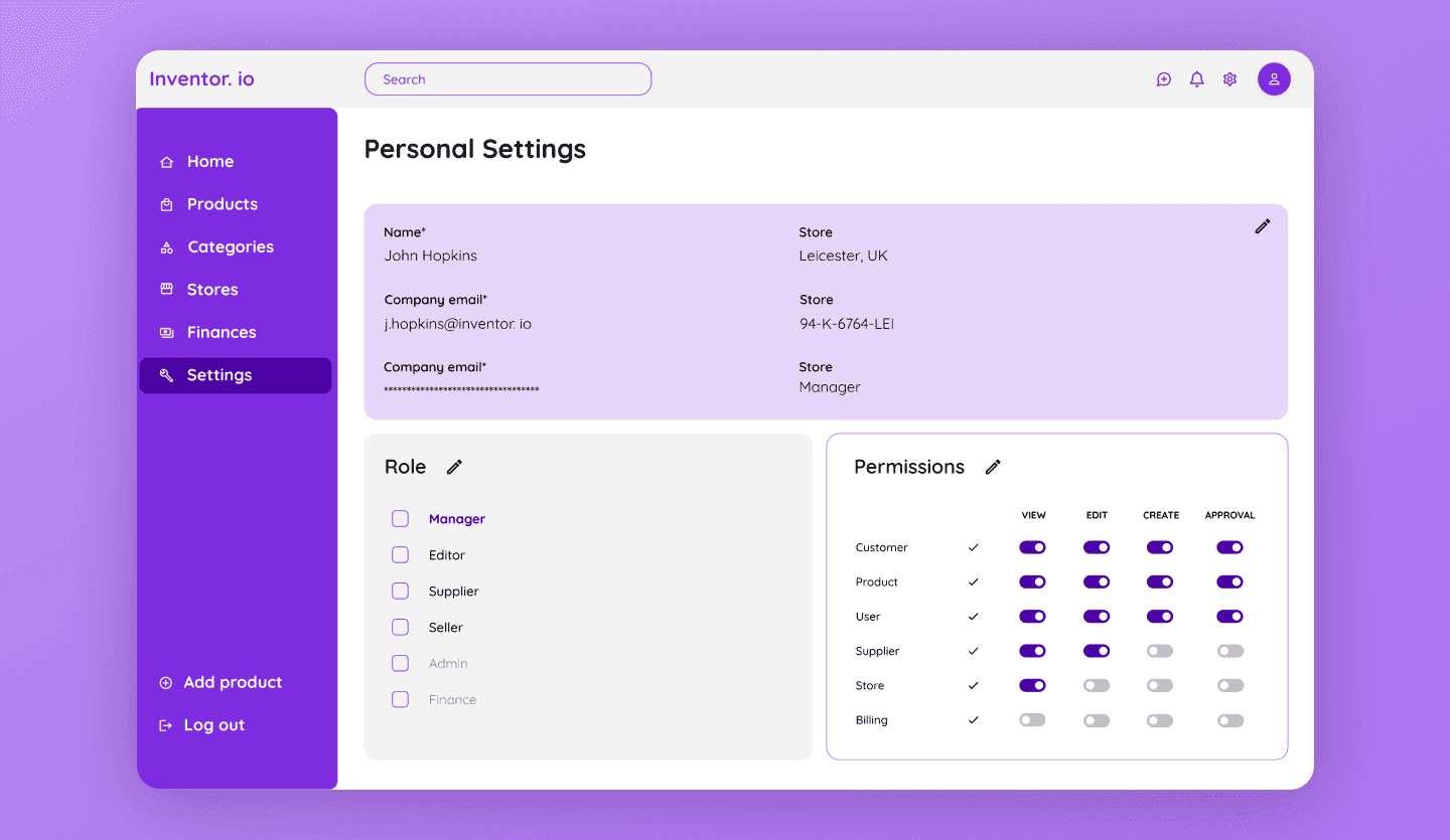 Inventory web app template settings screen