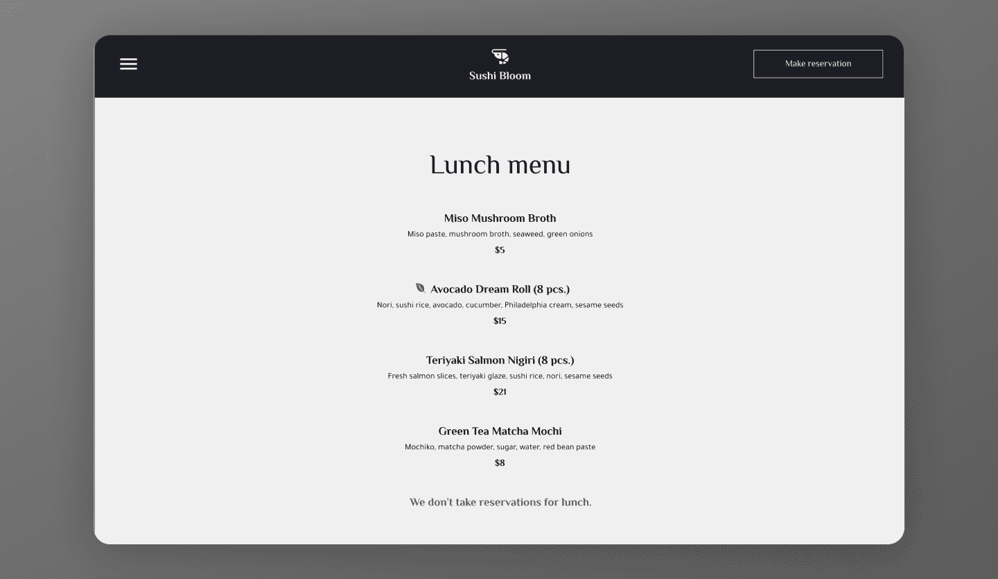 restaurant website wireframe design menu page
