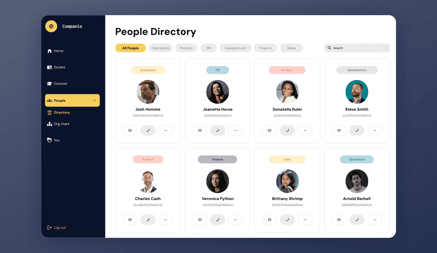 Employee onboarding web app UI design template directory screen