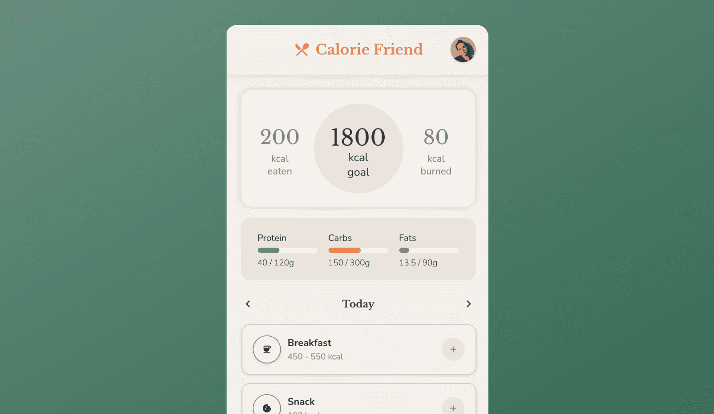 Calorie tracking app UI design home screen