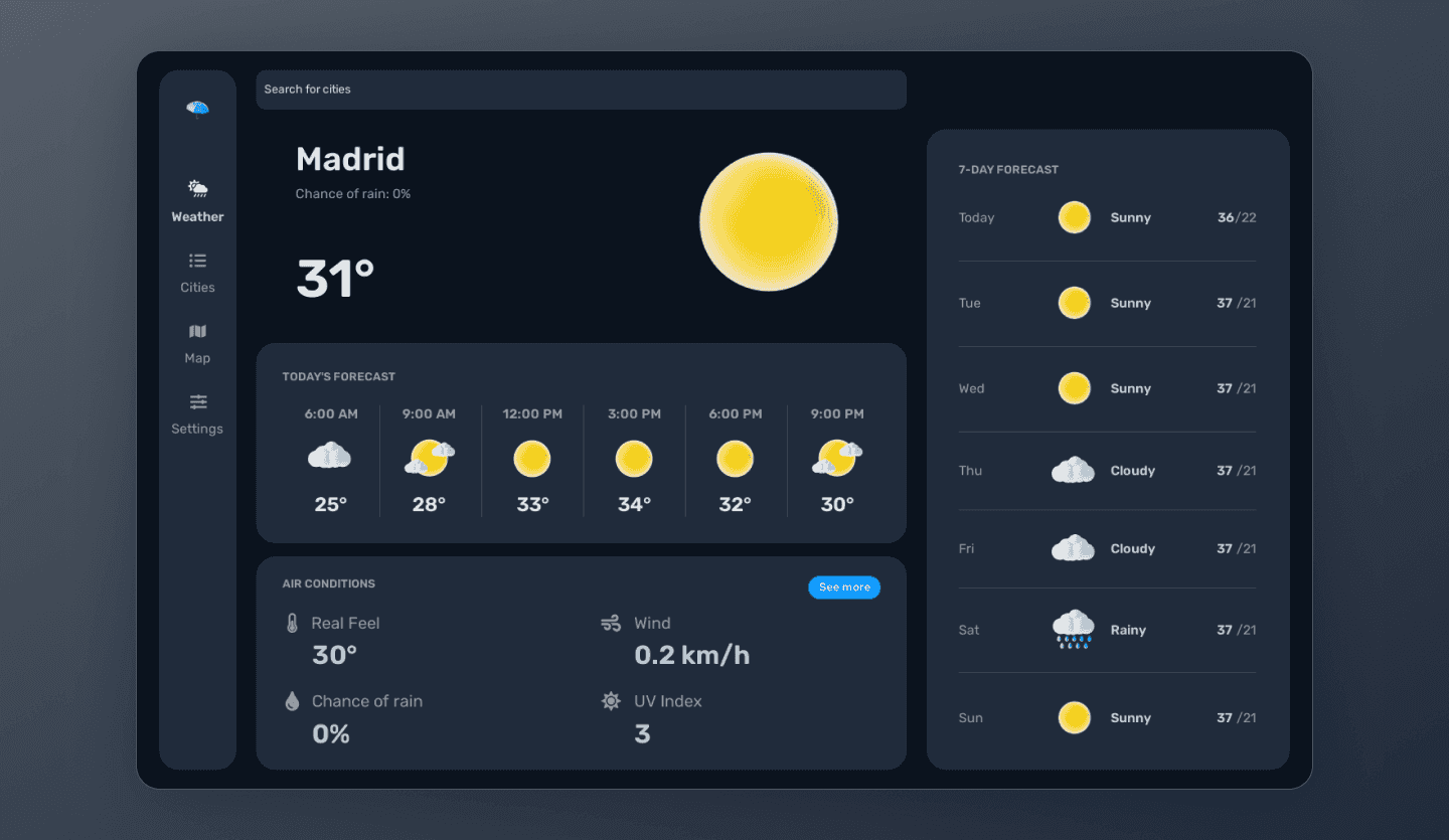 weather tablet app dark design template city screen