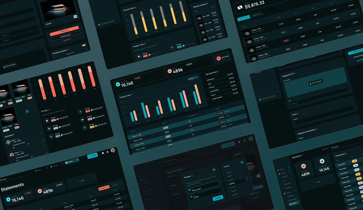 e-commerce web app dashboards dark mode context screen