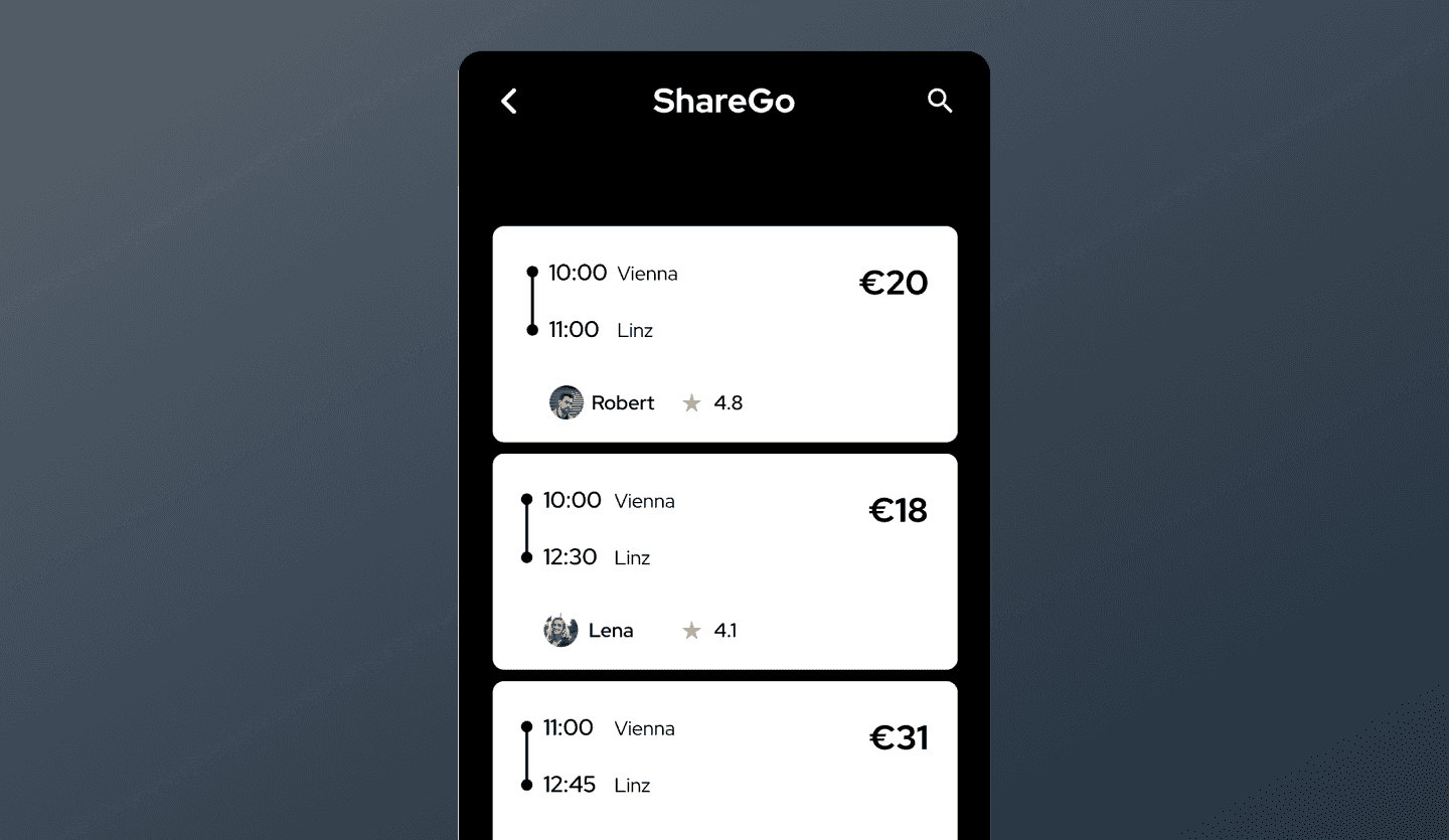 Car pool app UI design template results screen