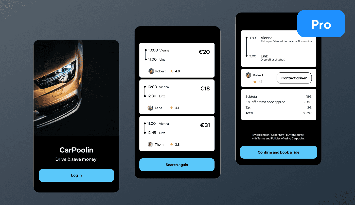 Car pool dark mode app UI design template 