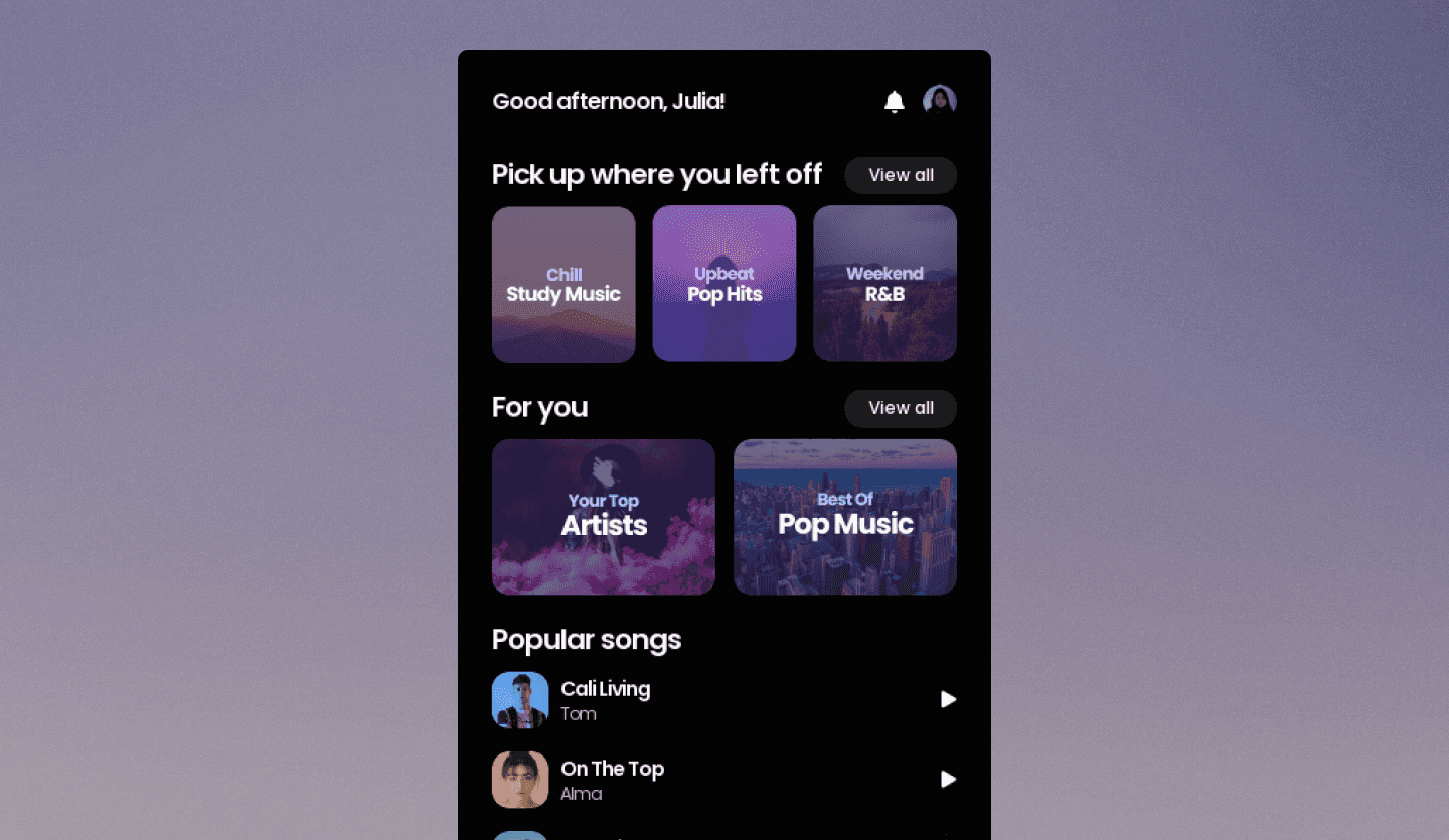 Screenshot of Music Streaming Mobile App: home screen