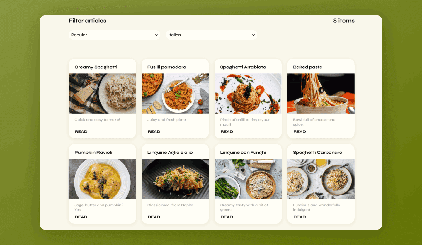 food blog website design template search screen