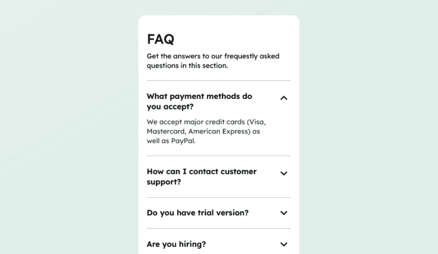 Business app UI design template FAQ screen