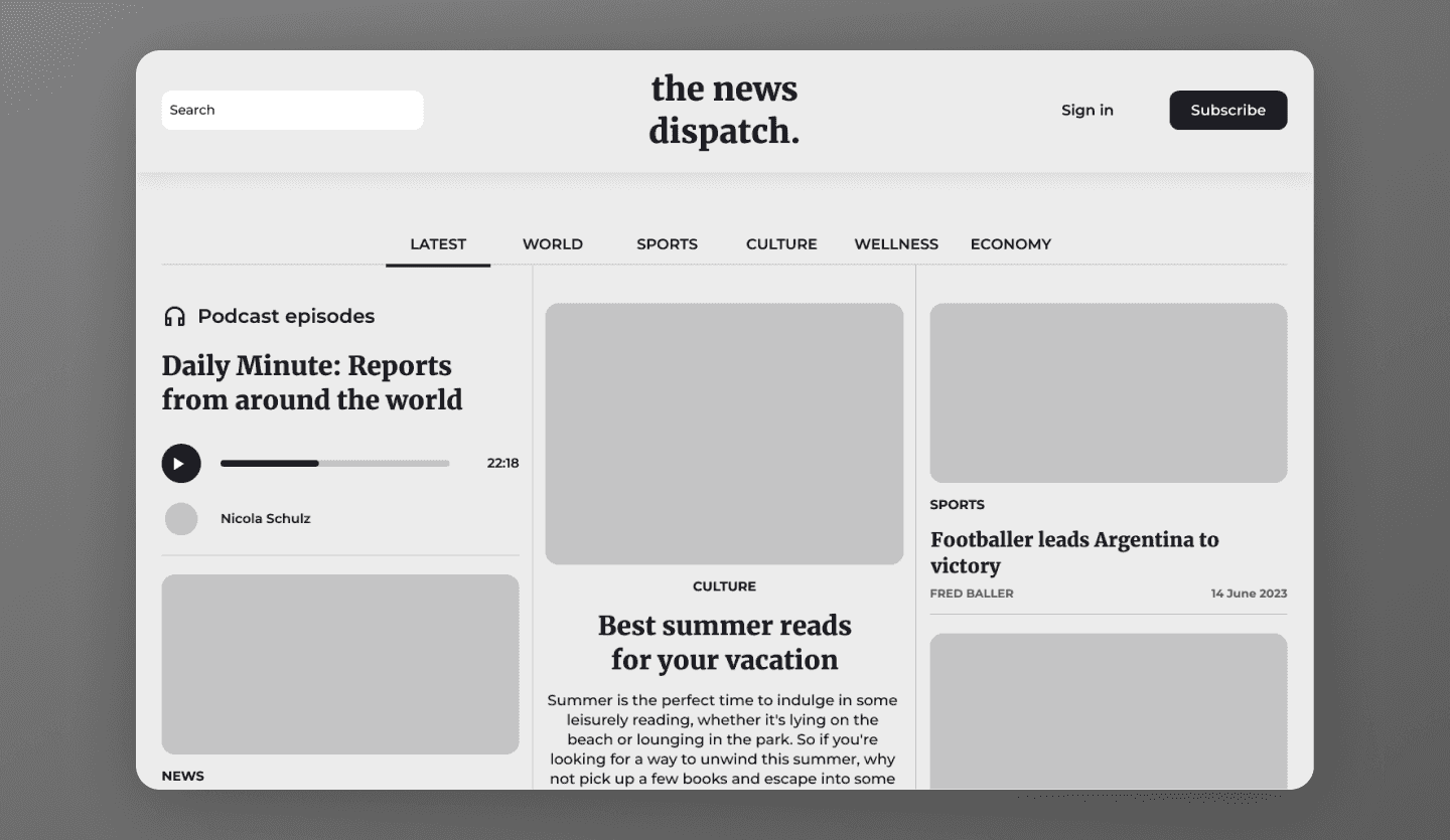 news website wireframe design home page