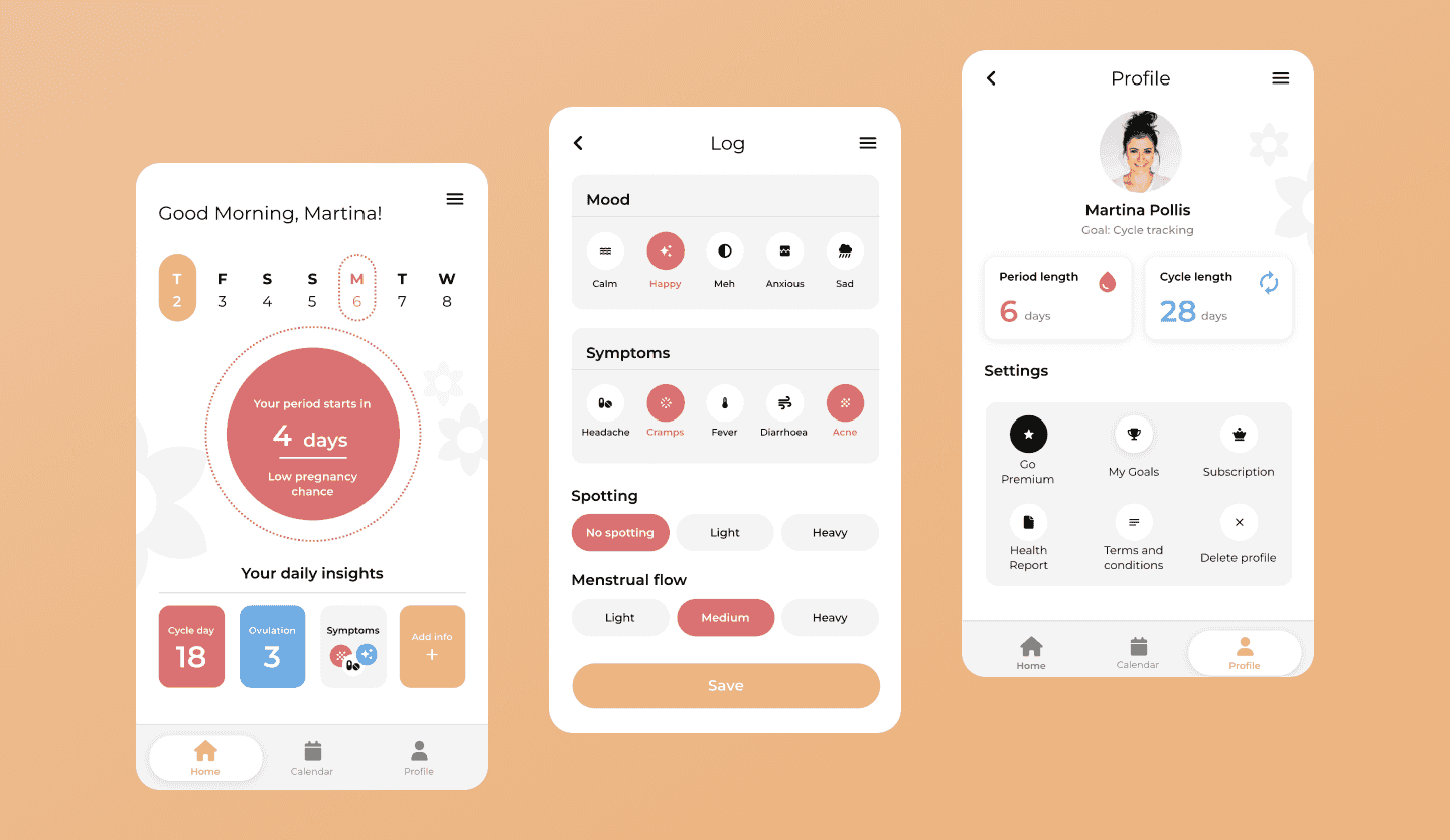 Cycle tracking app UI design template