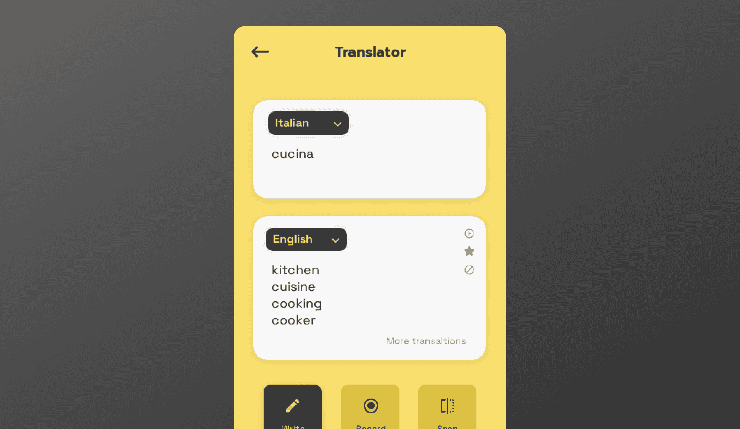 Translation mobile app functionality screen
