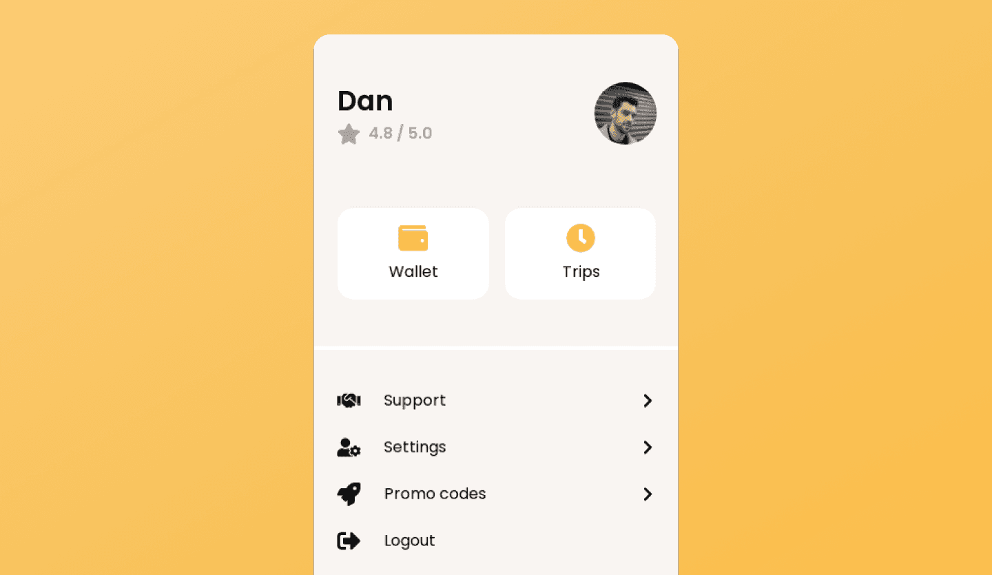 taxi mobile app profile screen