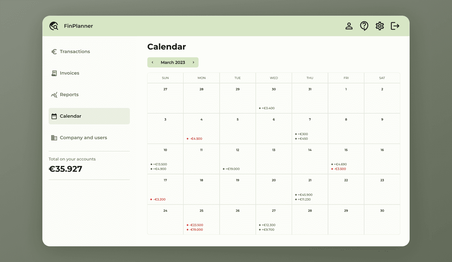 Budgeting and forecasting web app template calendar screen