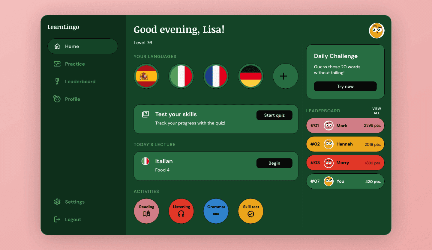 Language learning web app UI template home screen