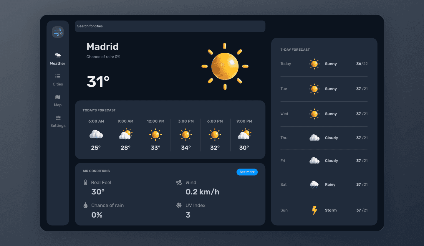 weather web app design template dark mode home screen