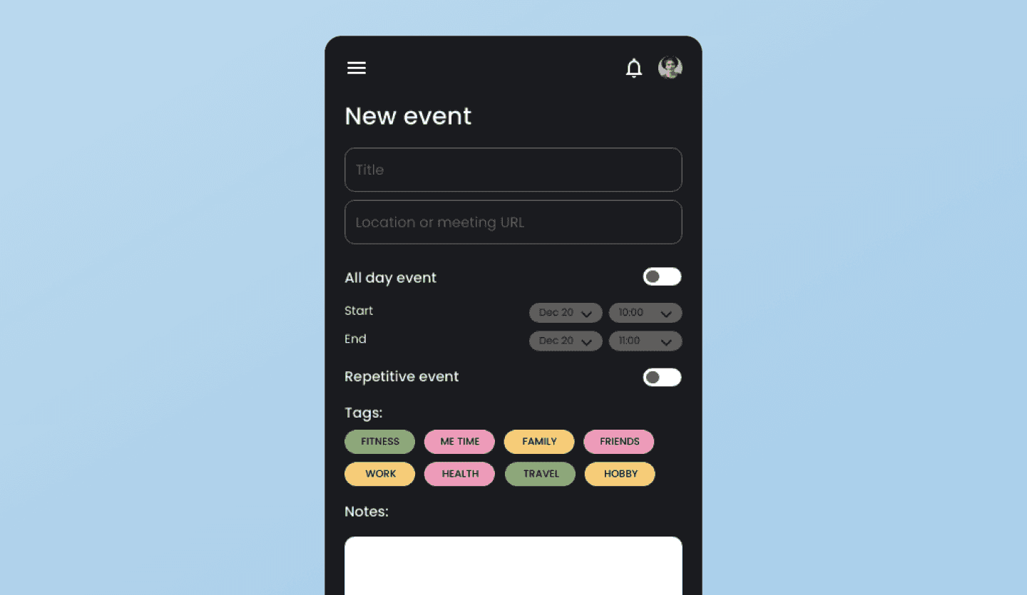 Calendar app UI design template event screen