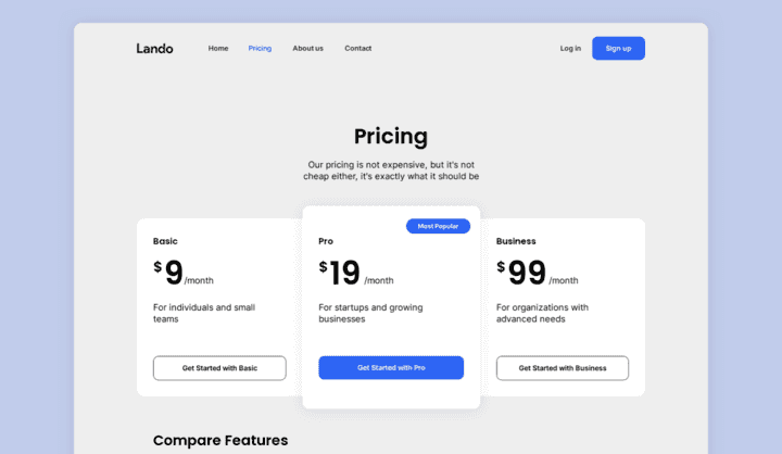Screenshot of Lando's startup landing page: pricing page