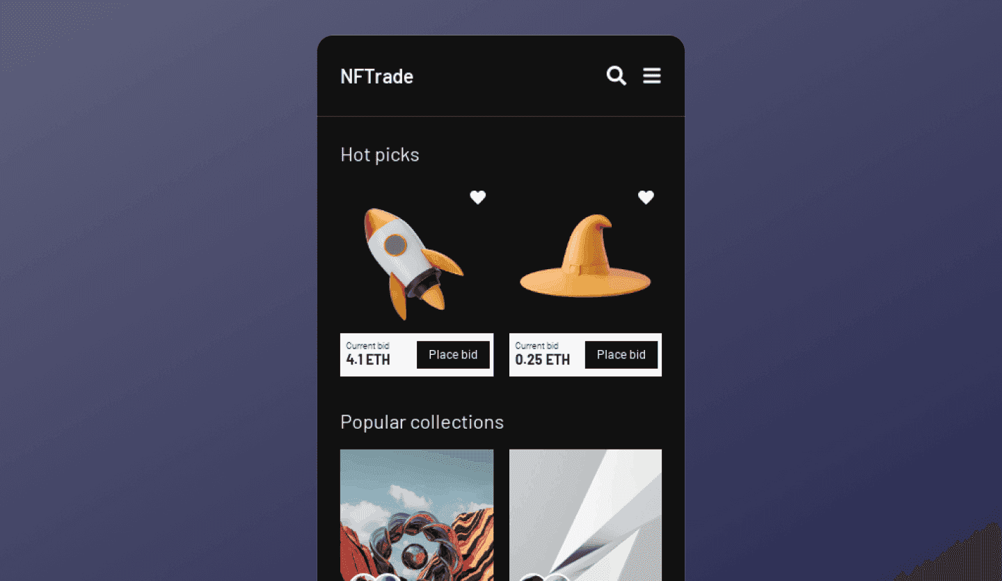 nft marketplace mobile app design home screen