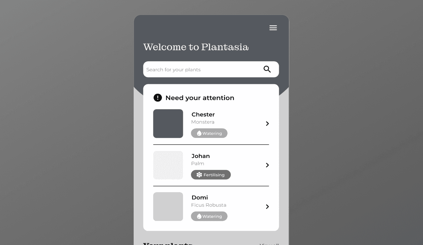 Plant care app wireframe design home page