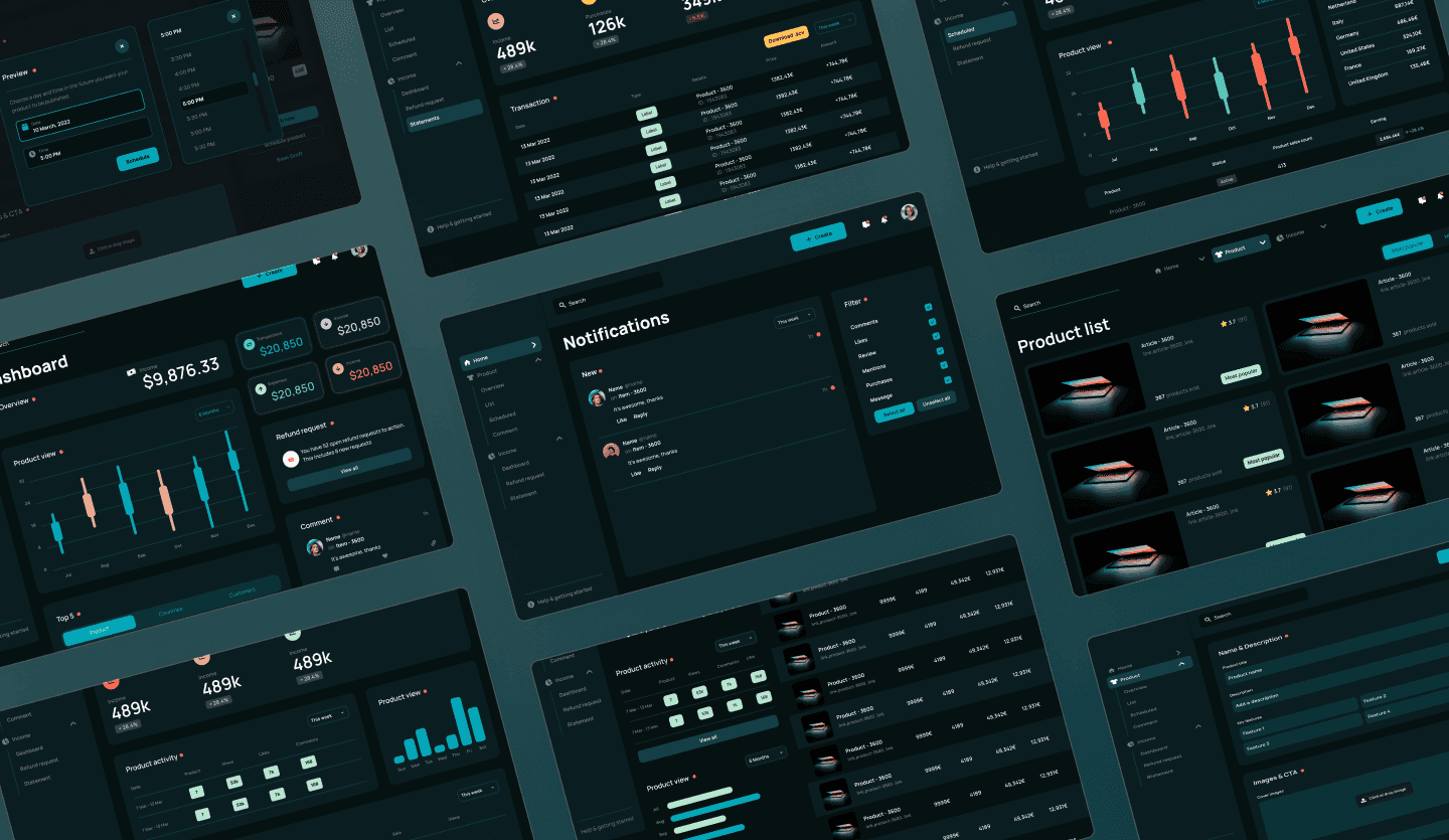 e-commerce web app dashboards dark mode detail screen