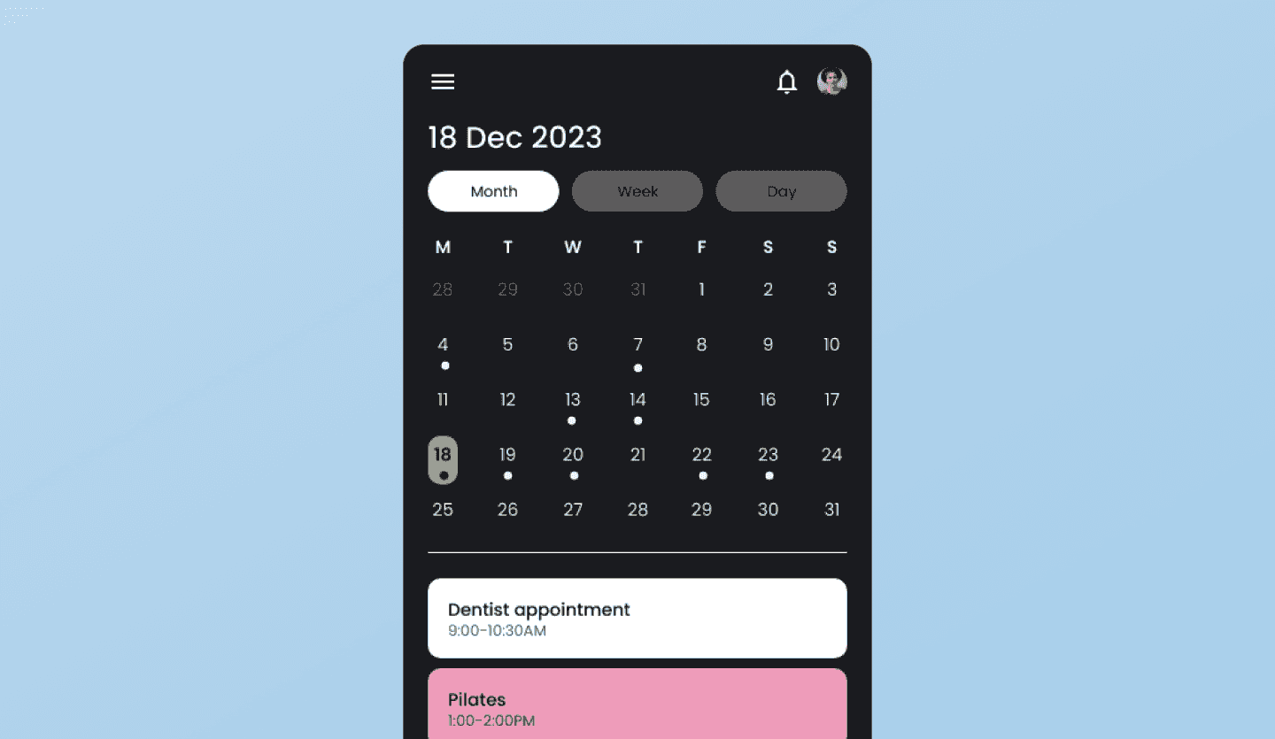 Calendar app UI design template calendar screen