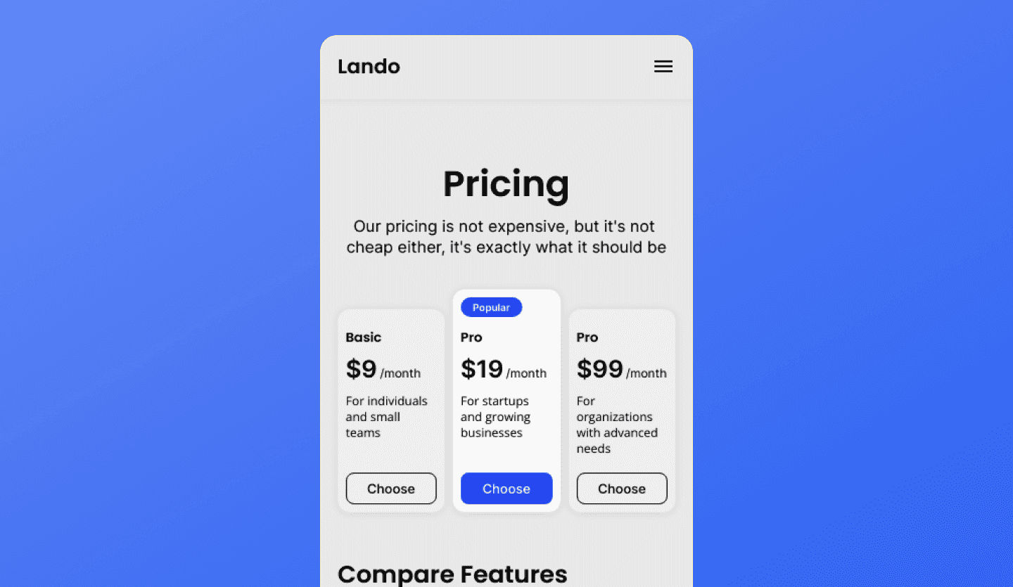 Landing page app UI design template pricing