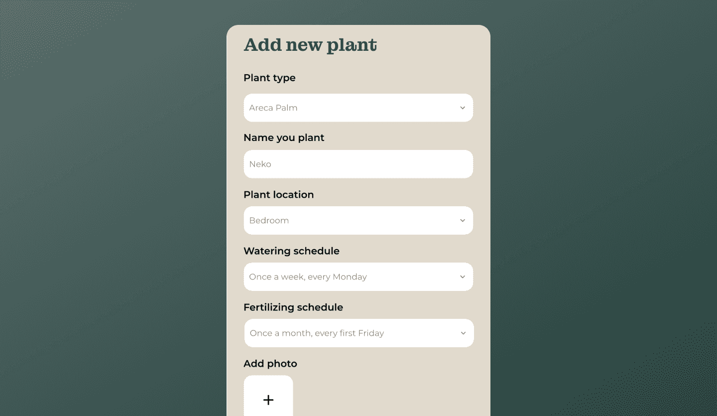 Plant care UI design template add plant screen