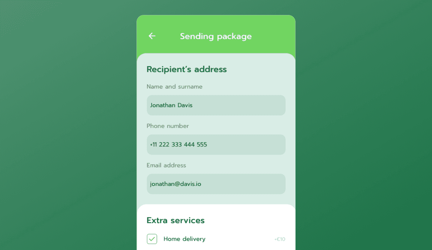 Package delivery app UI design template checkout screen