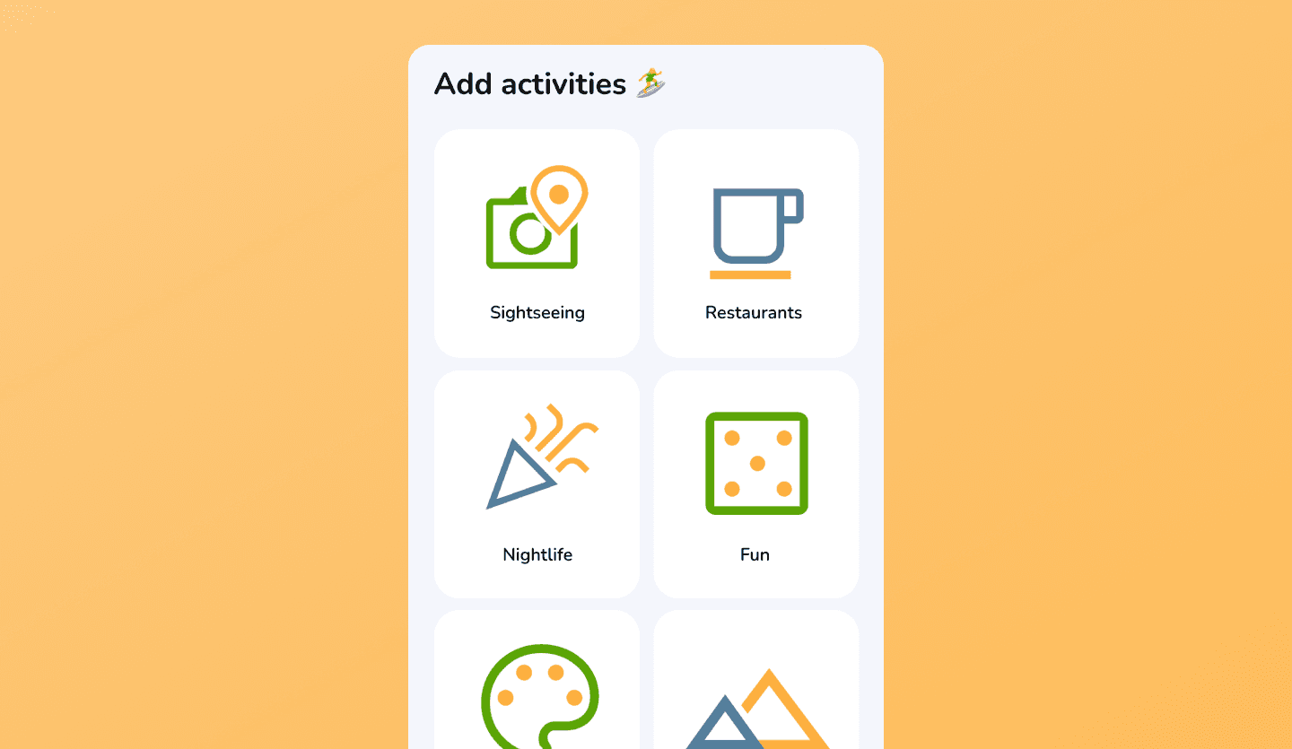 Travel plan mobile app UI design activities screen