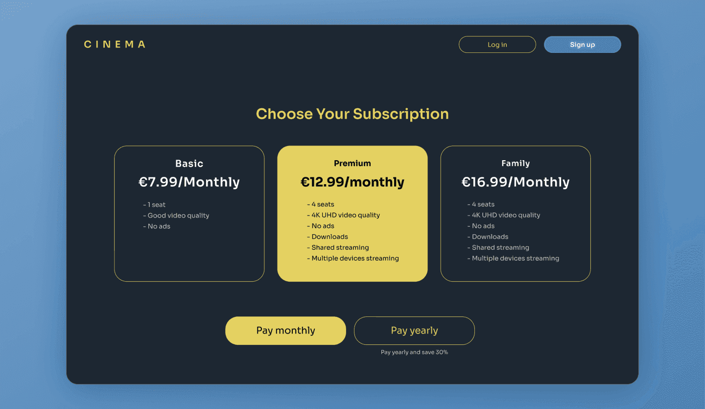 Movie streaming web app template pricing screen