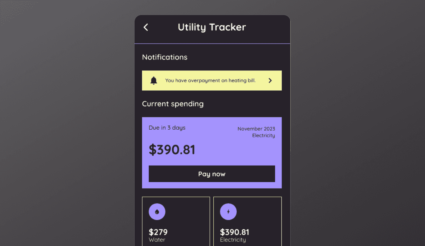 Utility tracker dark mode app UI design template home screen