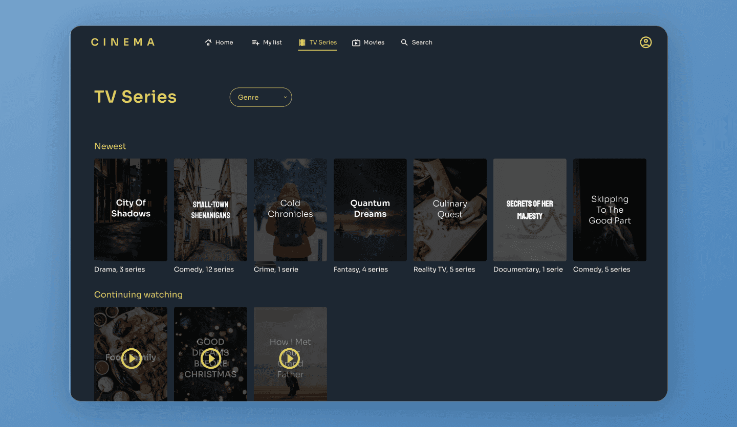 Movie streaming web app template category screen