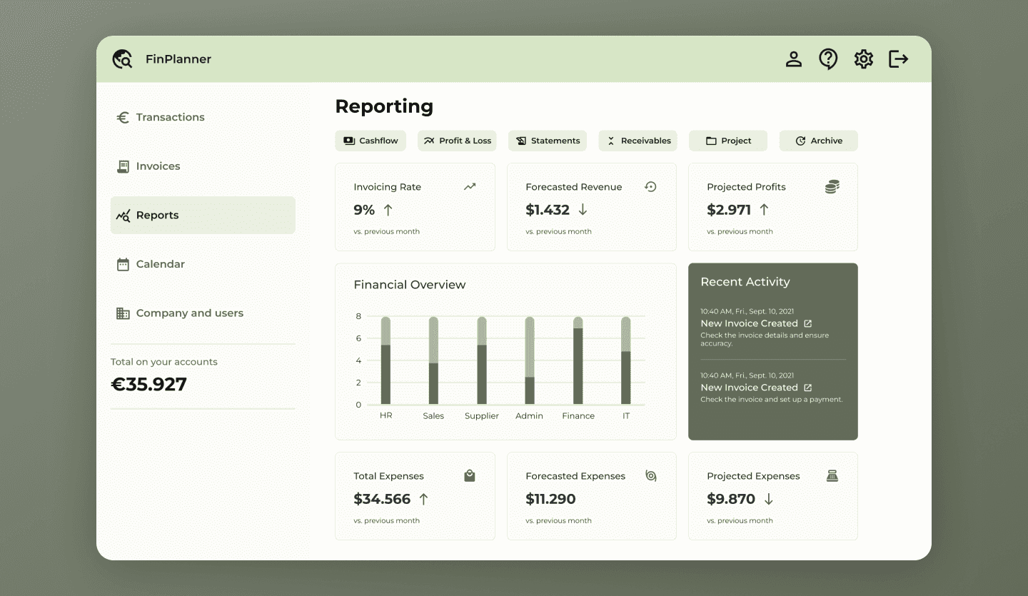 Budgeting and forecasting web app template reporting screen