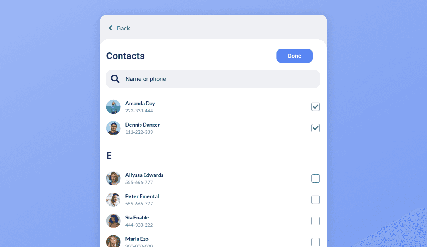 money transfer tab app design template contacts screen