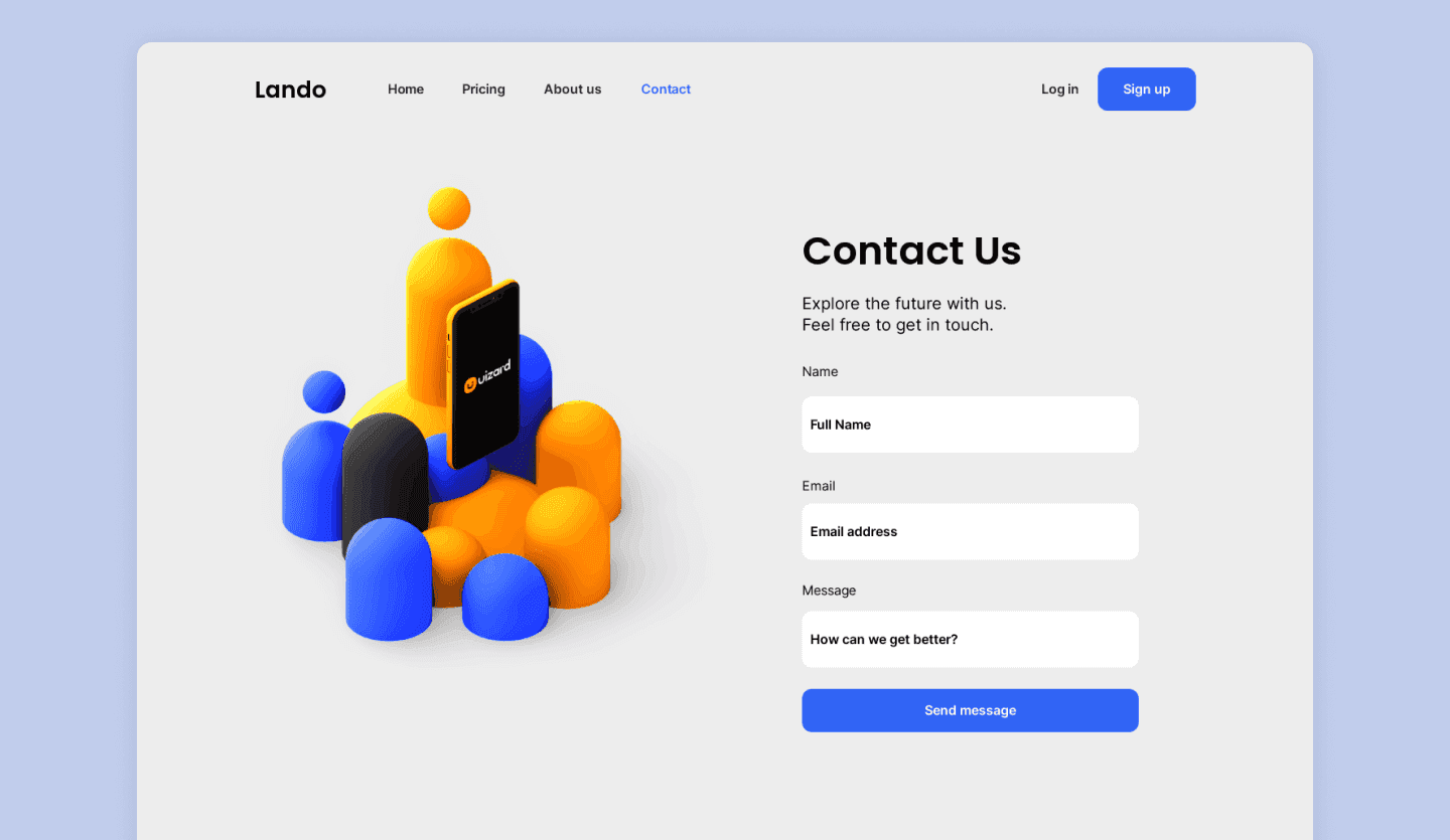 Screenshot of Lando's startup landing page: contact page