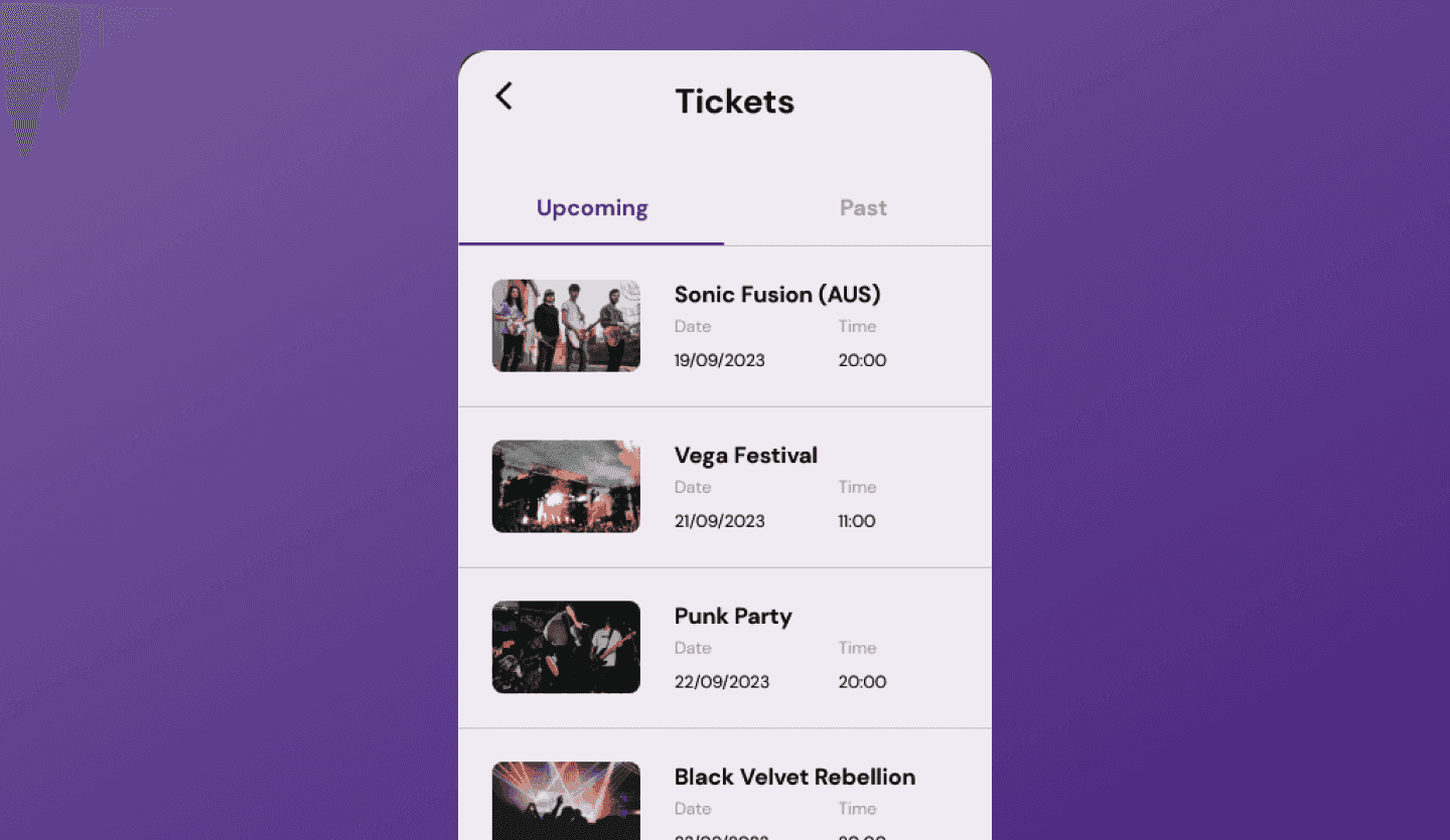 Ticket booking light mode app UI design template directory screen