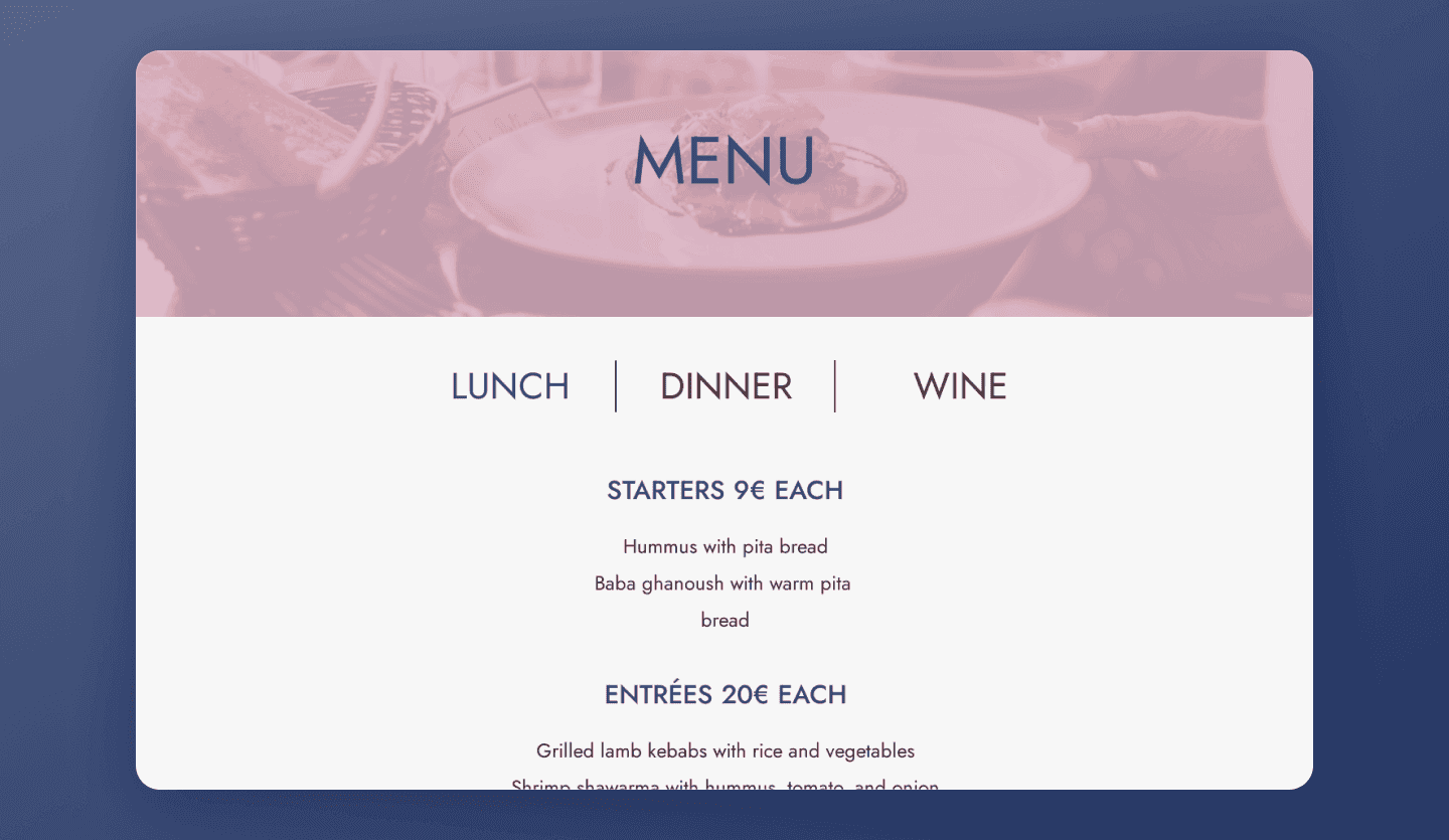 Restaurant reservations web app UI design template menu screen
