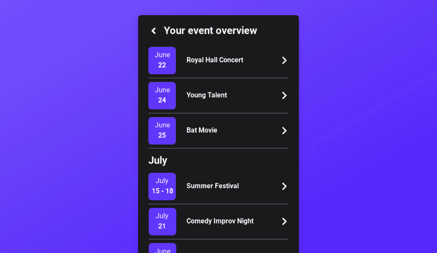 ticket booking app design template event overview screen