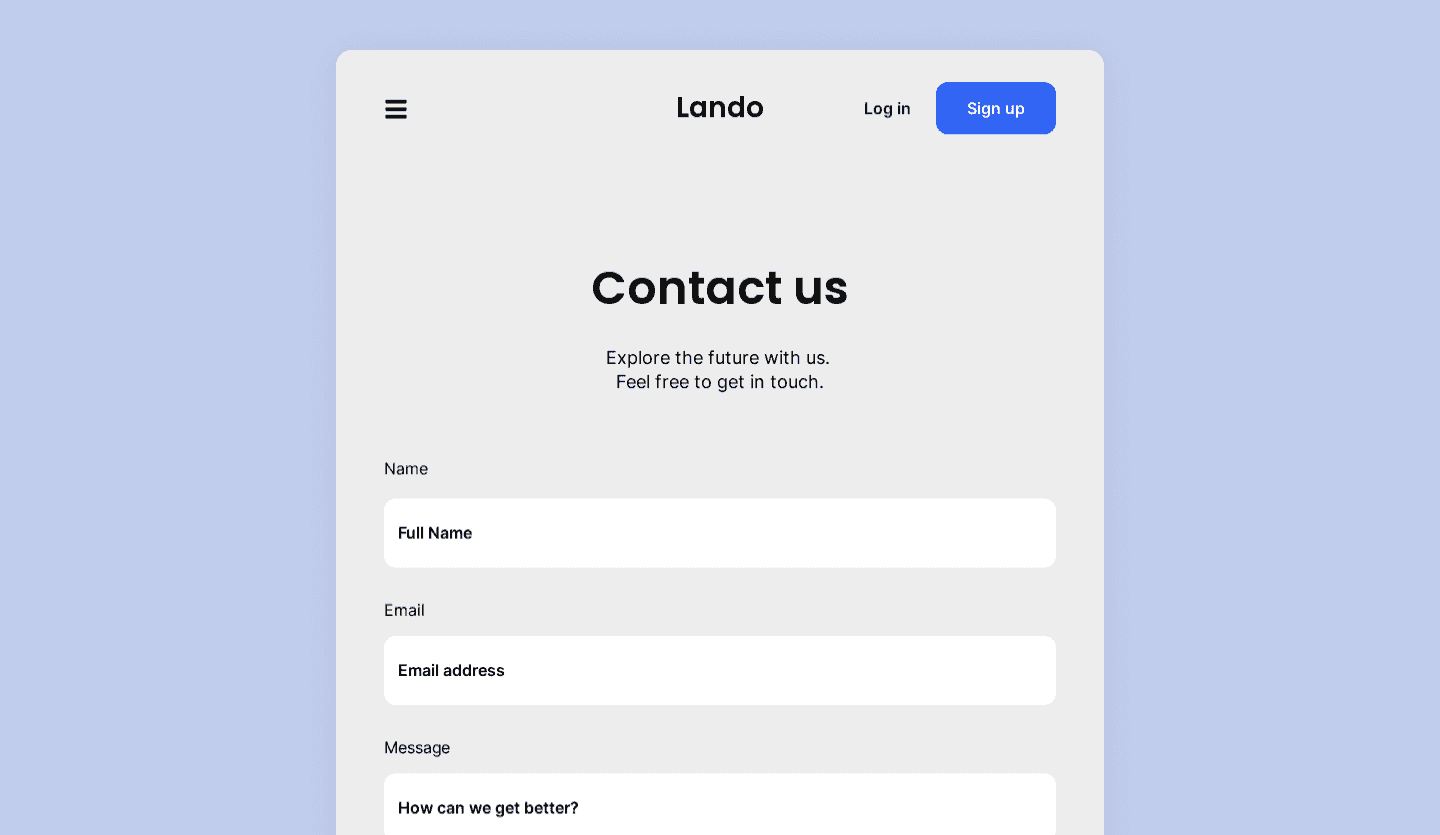 Screenshot of Lando's startup web page optimized for tablet: contact screen