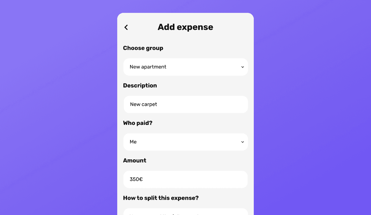 Group expense app UI design add expenses screen