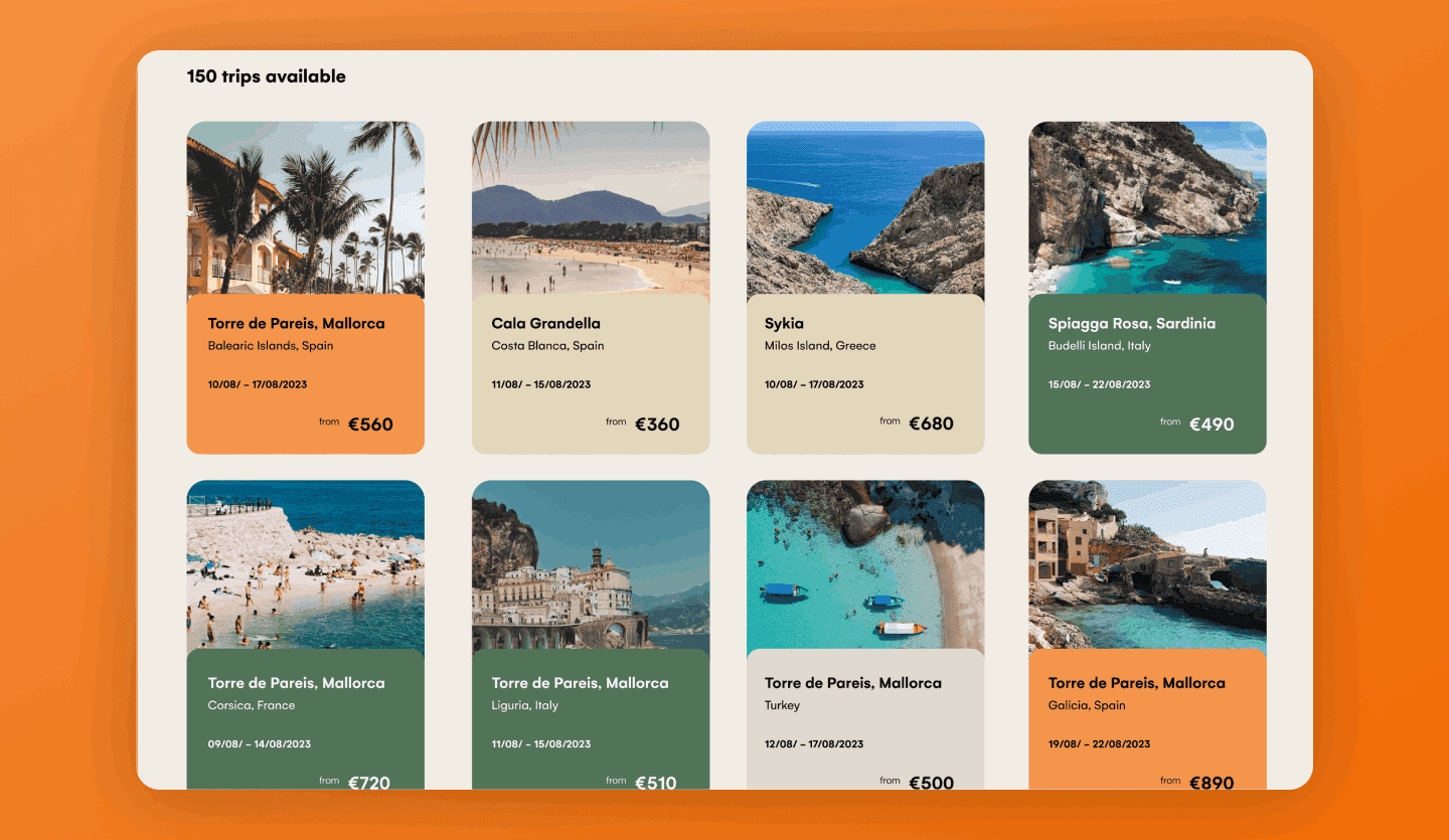 Travel agency website design trips page