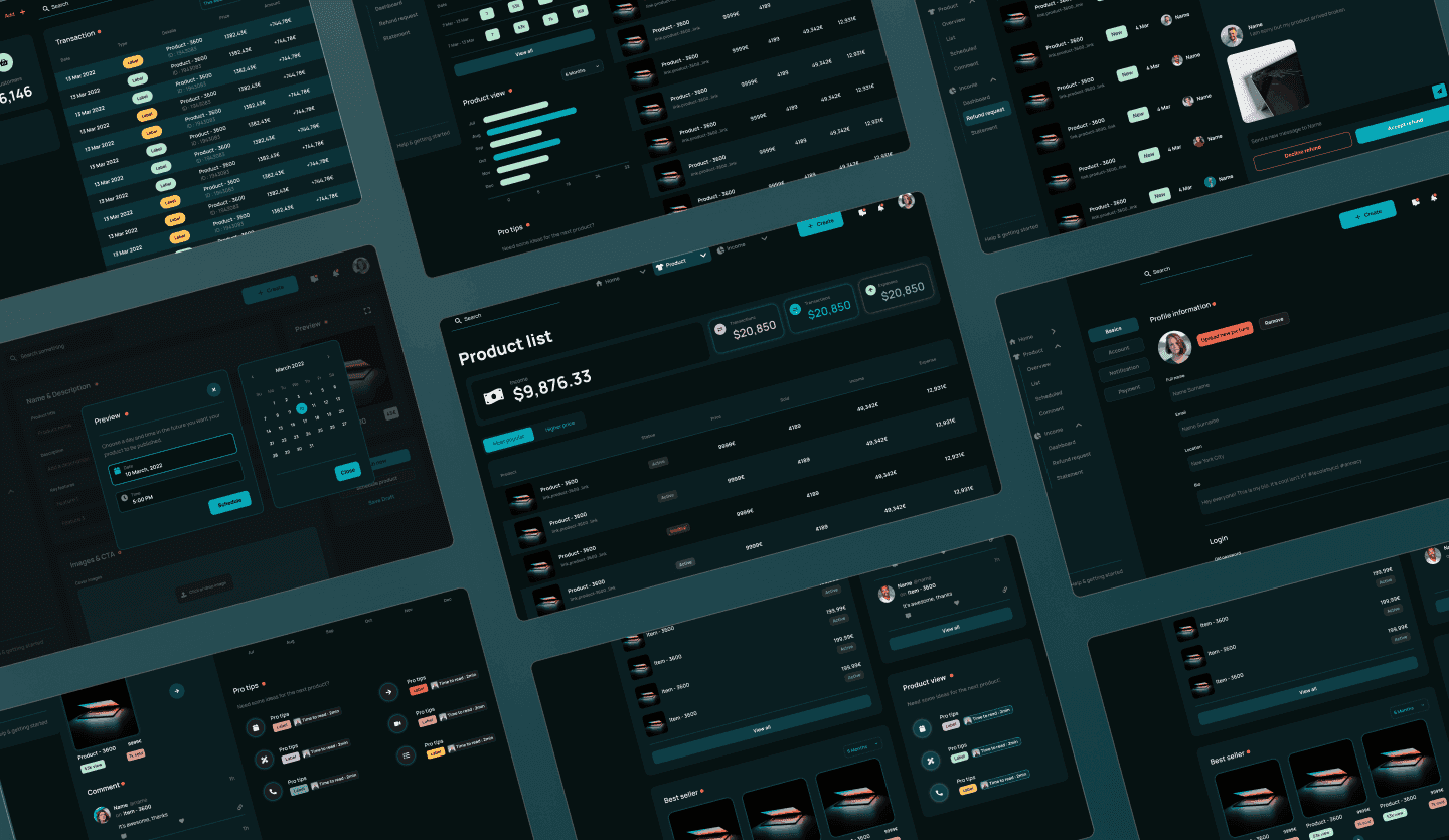 e-commerce web app dashboards dark mode overview screen