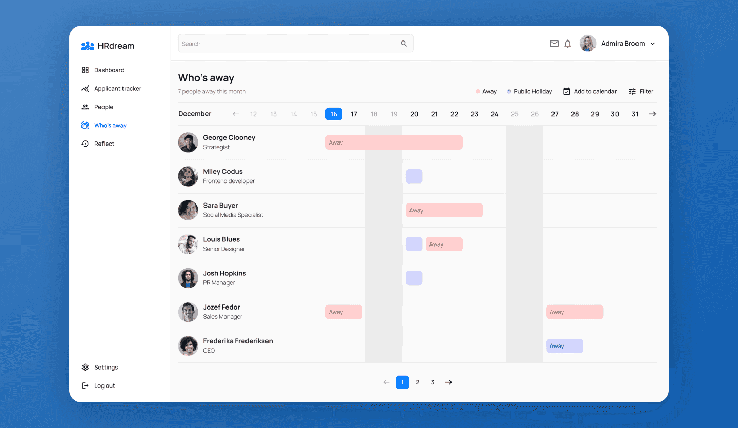 Screenshot of HRIS web app: time-off management screen