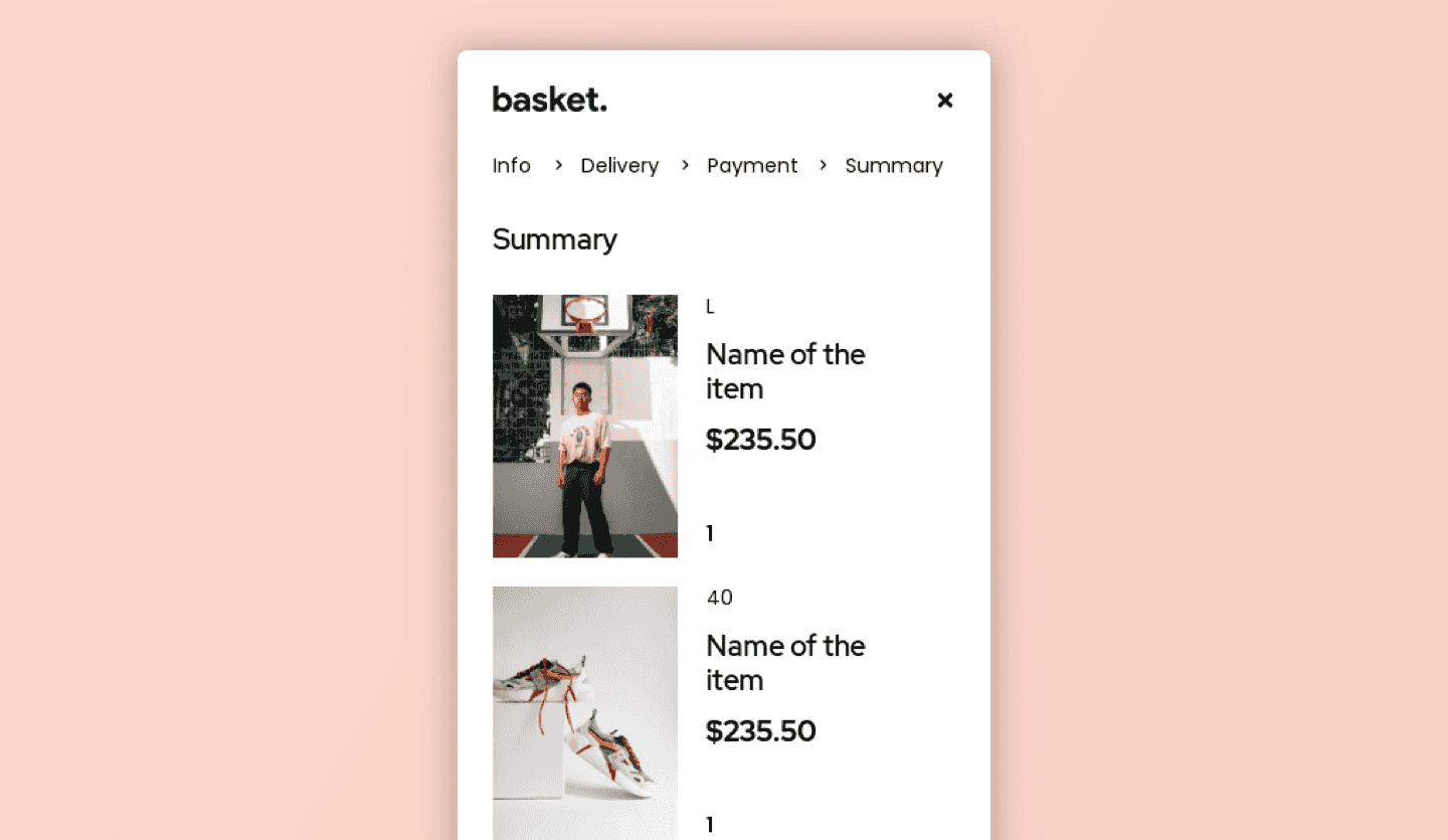 Screenshot of Basket sport clothing shopping app: user shopping cart page