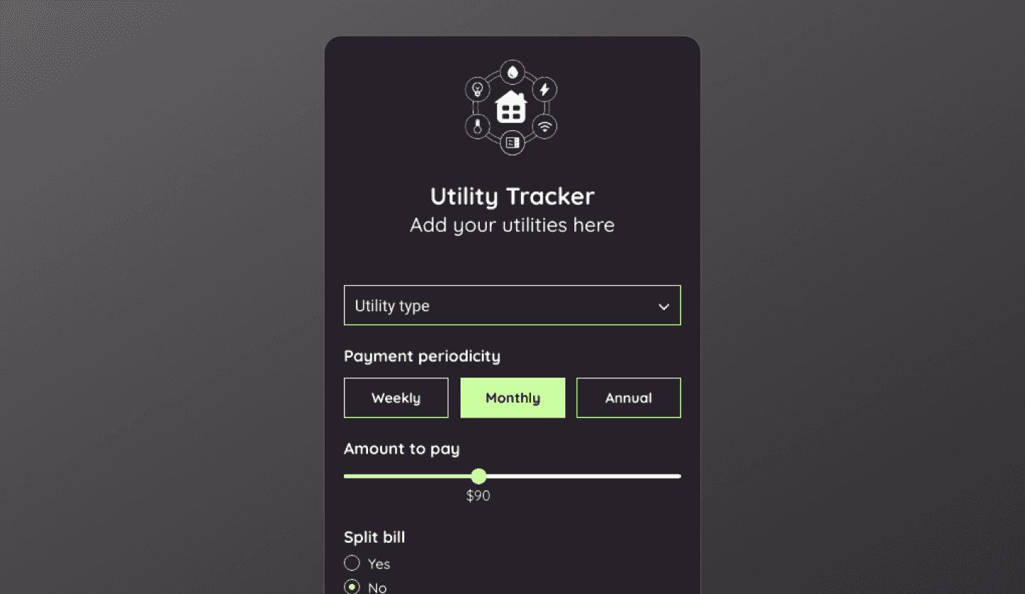 Utility tracker dark mode app UI design template setup screen